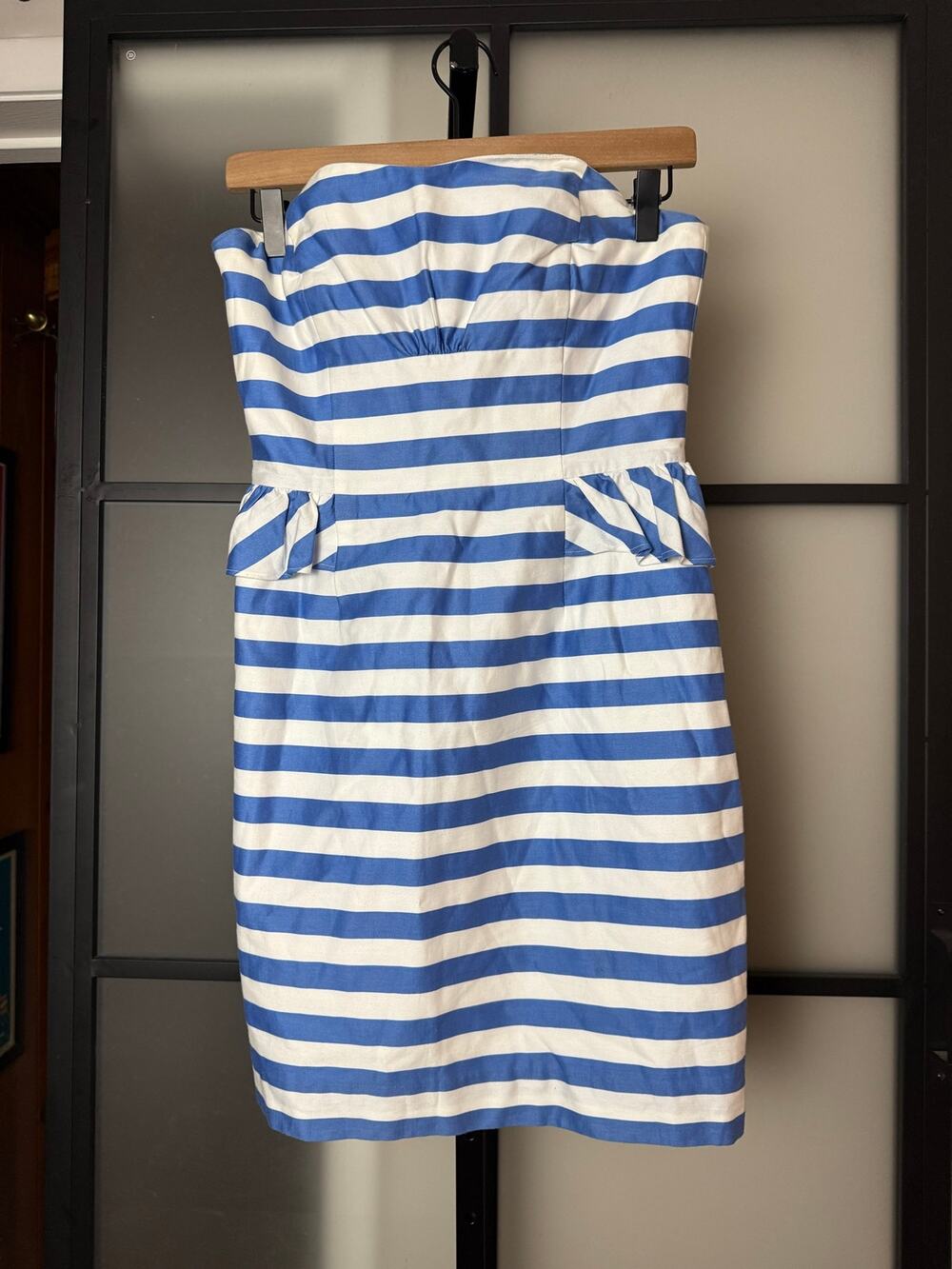 Lilly Pulitzer Maybell Dress Blue Swizzle Stripe Strapless Peplum Womens Size 4